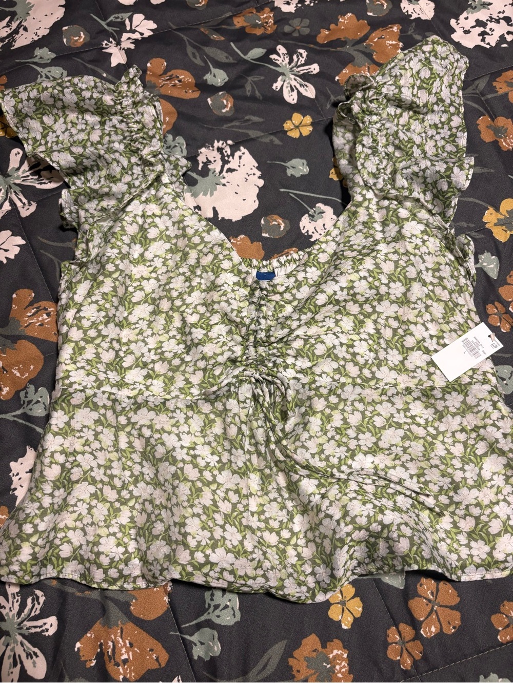 Floral Ruffle Sleeve Crop Top - Green/White